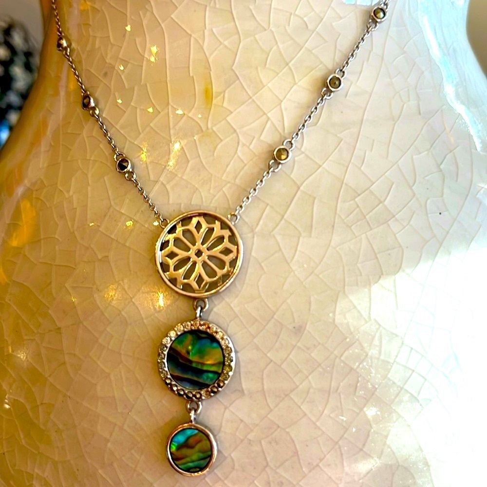 Unique Sterling Silver Abalone and Marcasite Long Drop Necklace